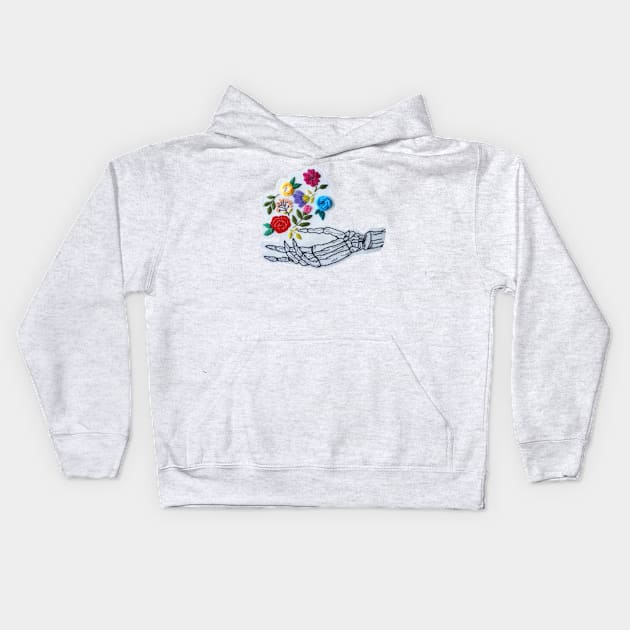 Embroidery of skeletal hand catching flowers Kids Hoodie by SanMade